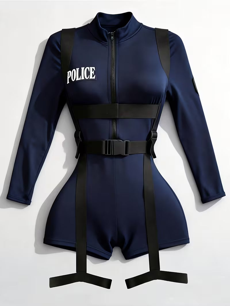 2 Pcs Policewoman Bodycon Jumpsuit Costume Set