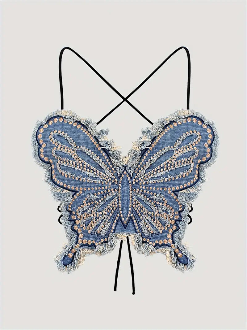 WOMEN'S DENIM BACKLESS BUTTERFLY EMBROIDERY TOP