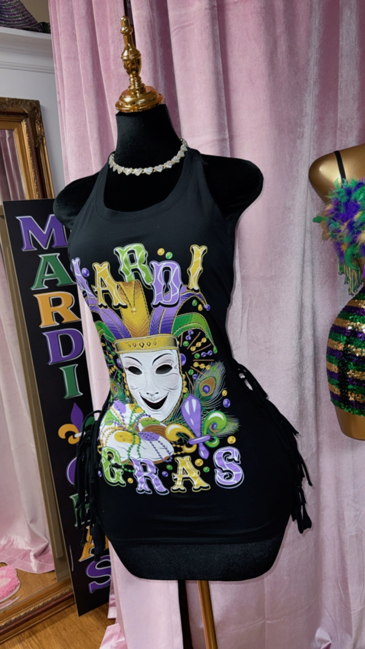 Custom Mardi Gras T-Shirt Dress with Fringe