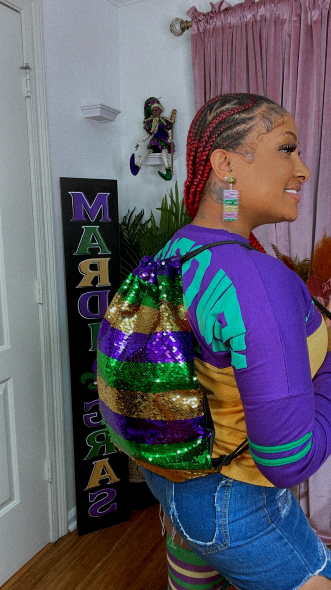 Mardi Gras Sequin Drawstring Bag Carnival Costumes Outfit Accessories Sequin Backpack with Purple Green and Gold Striped Glitter Dance Bag for Mardi Gras Carnival Party Accessories