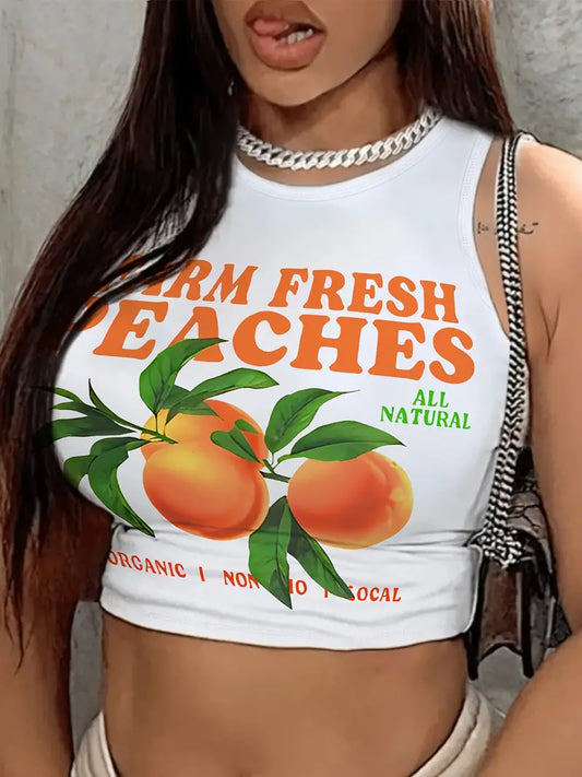 WOMEN'S SLEEVELESS GRAPHIC PRINT CROP TOP "VIBRANT PEACH"