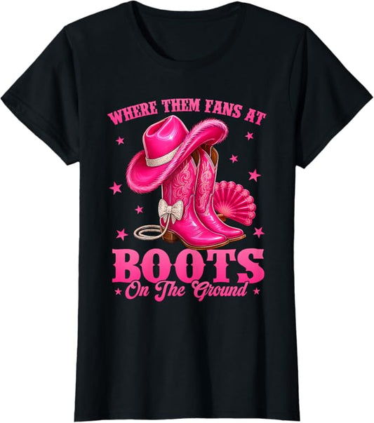 Breast Cancer Awareness Where Them Fans at Boots On The Ground Black Western Cowgirl T-Shirt