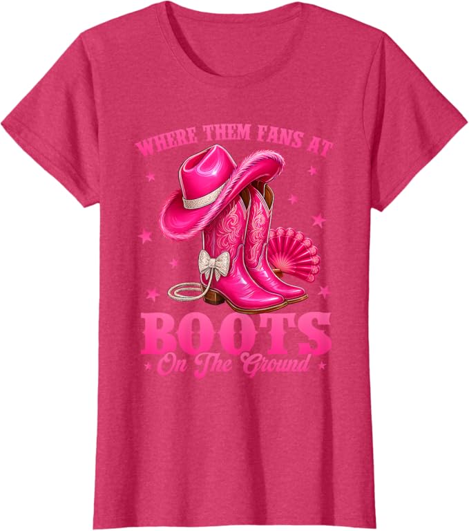 Breast Cancer Awareness Where Them Fans at Boots On The Ground Black Western Cowgirl T-Shirt