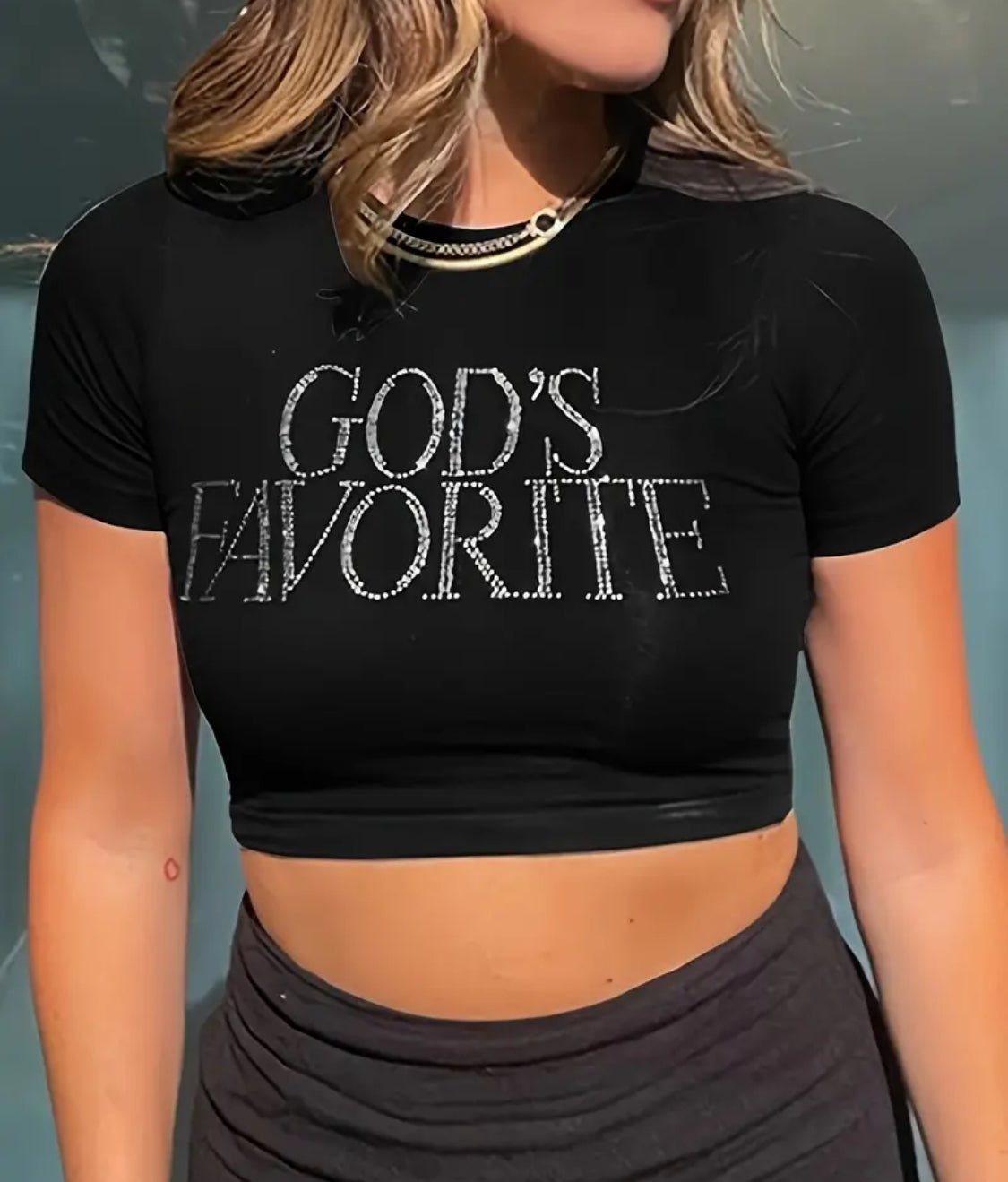 WOMENS RHINESTONE GODS FAVORITE GRAPHIC PRINT CROP TOP