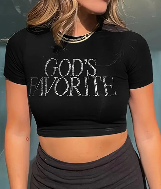 WOMENS RHINESTONE GODS FAVORITE GRAPHIC PRINT CROP TOP