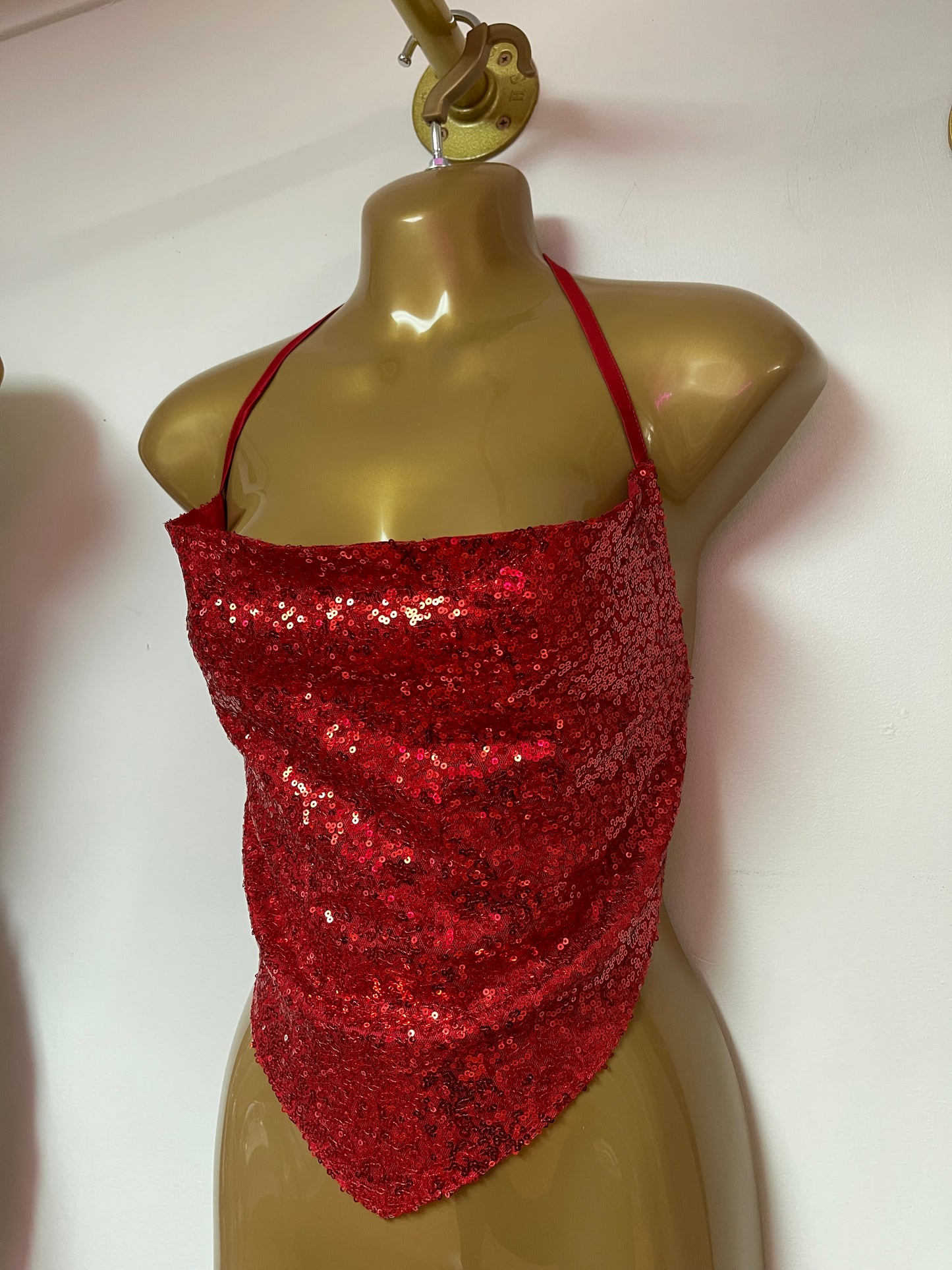 Women's Draped Front Backless Crop Sequin Halter Top RED