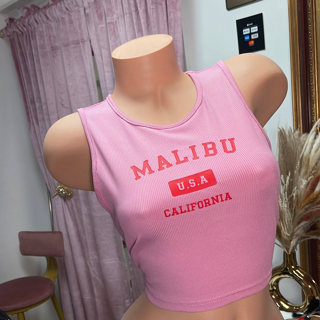 Women's Sleeveless Graphic Print Malibu T-Shirt Crop Top Shirt