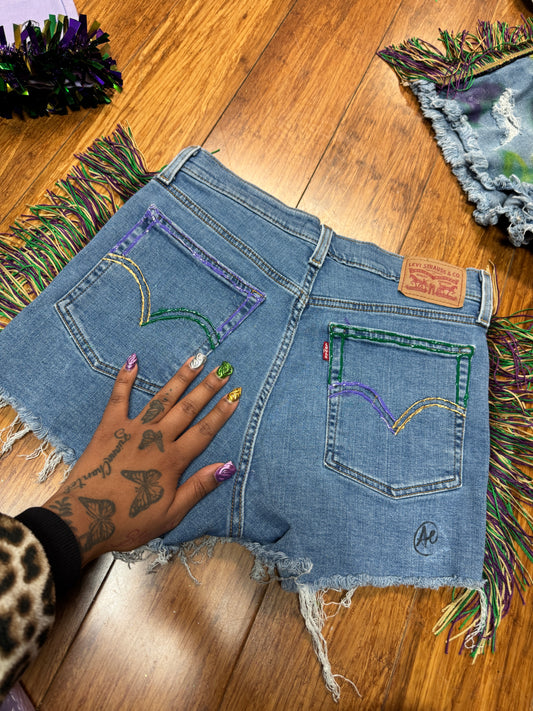 MARDI GRAS CUSTOM PATCHWORK PAINT LINER DENIM SHORTS (PRE-ORDER)