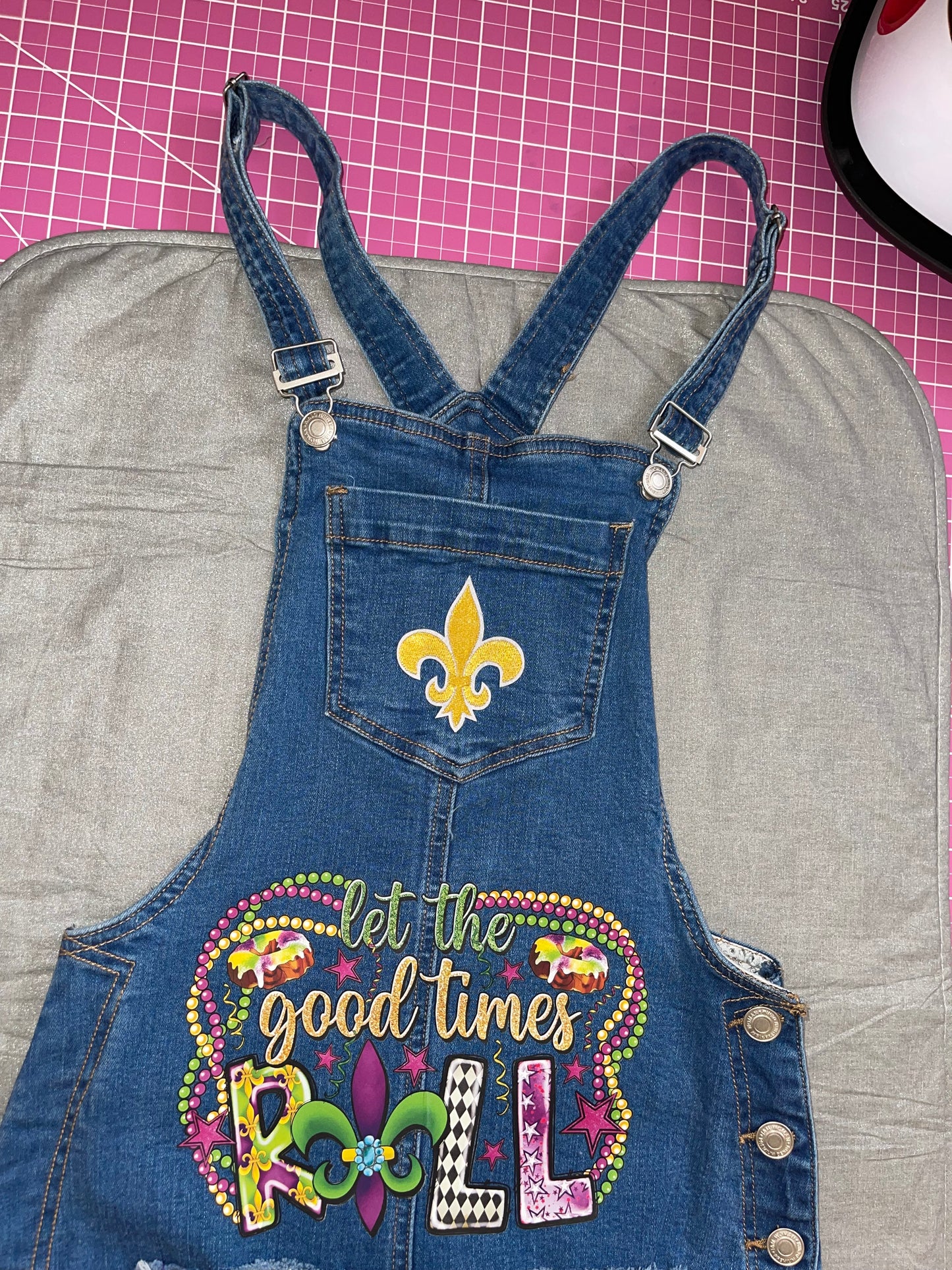 LET THE GOOD TIMES ROLL DISTRESSED OVER-ALL DRESS