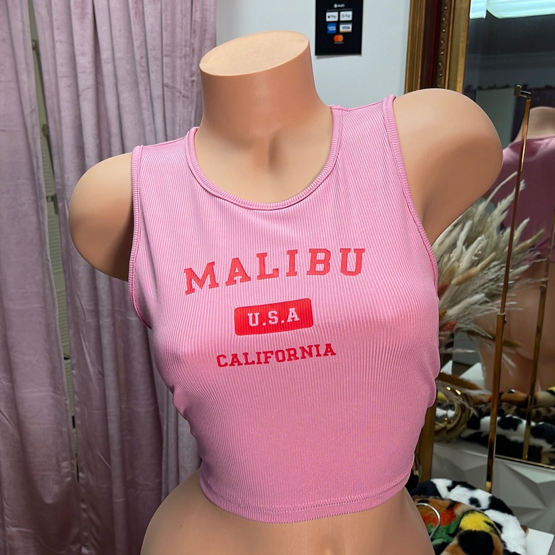 Women's Sleeveless Graphic Print Malibu T-Shirt Crop Top Shirt