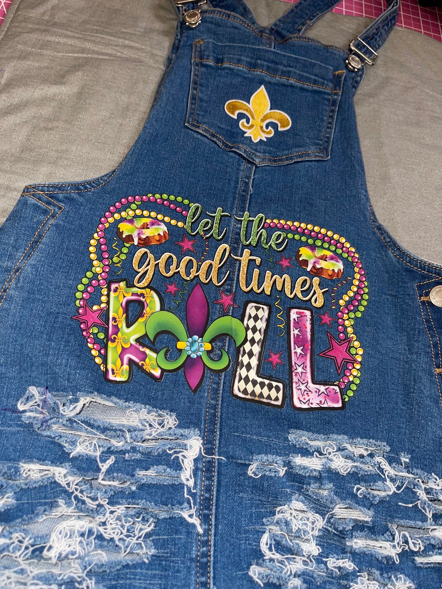 LET THE GOOD TIMES ROLL DISTRESSED OVER-ALL DRESS