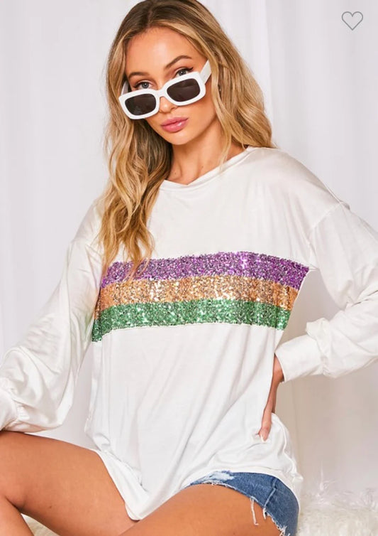 Womens Long Sleeve Sequin Mid-Stripe Print T-Shirt Tops Mardi Gras