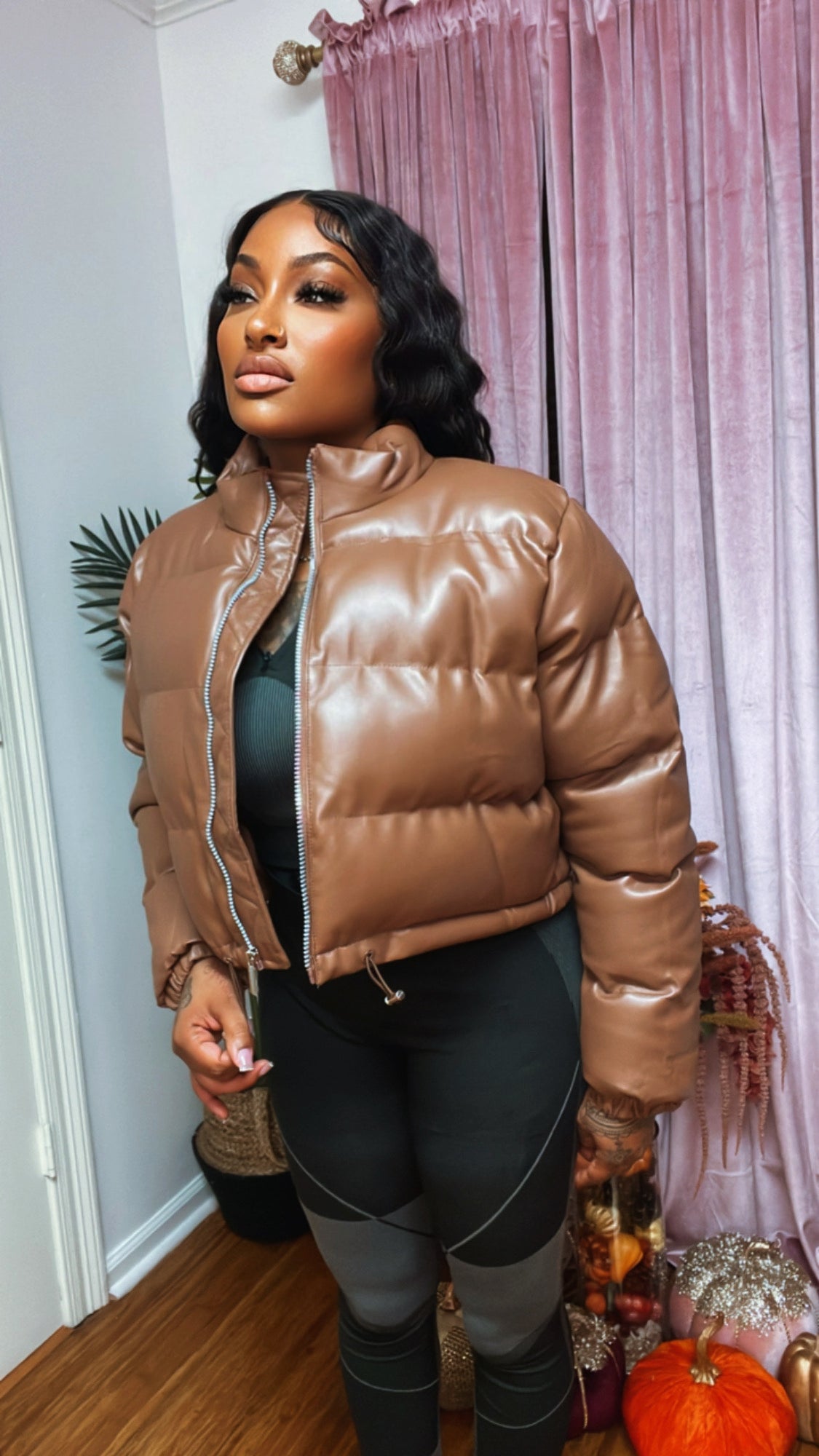 Women's Faux Leather Puffer Jacket Winter Long Sleeve Stand Collar Baggy Short Bubble Coat