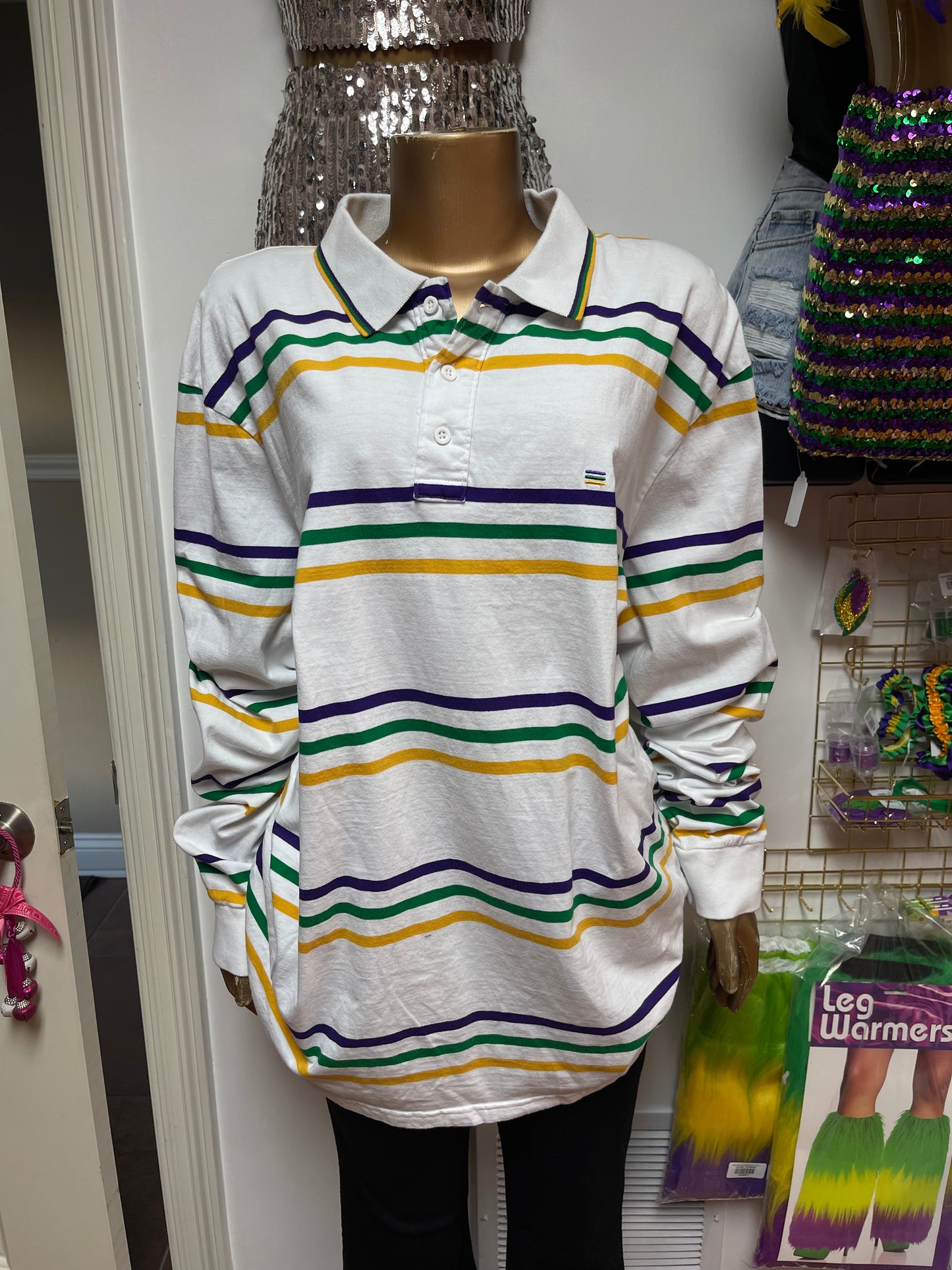 Long Sleeve Thin Tri-Stripe Button Polo Shirt Mardi Gras for Men and Women