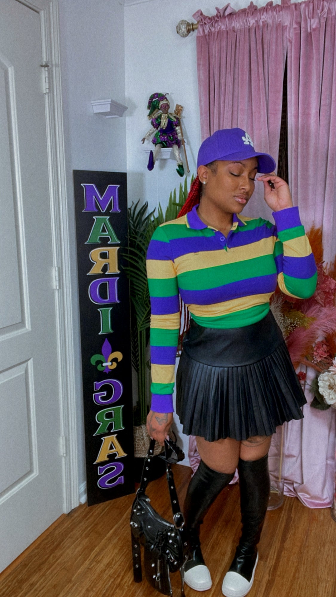 Womens Long Sleeve Striped Polo Shirt Mardi Gras