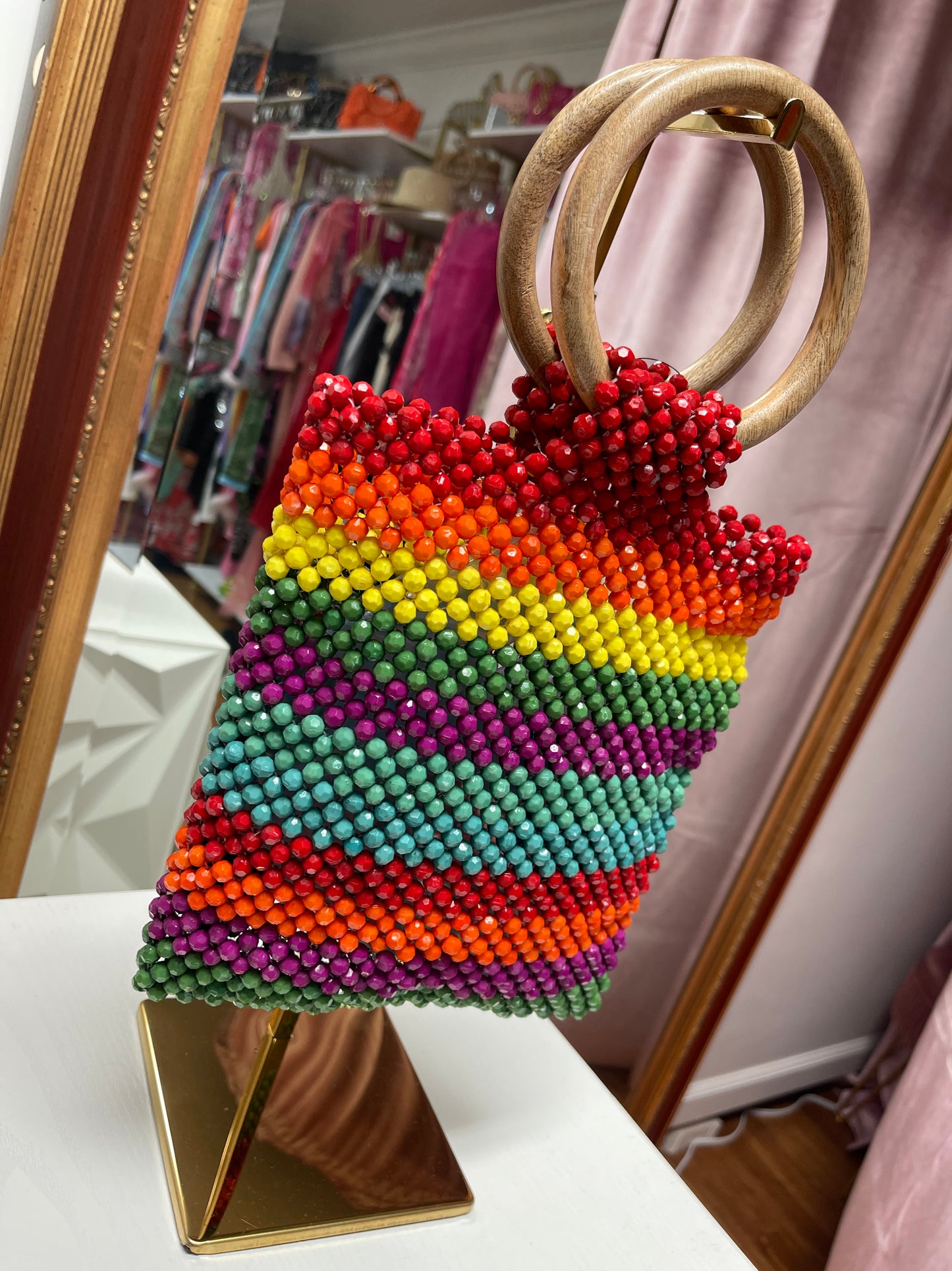 Multicolor Beaded Wooden Handle Handbag Reading Rainbow