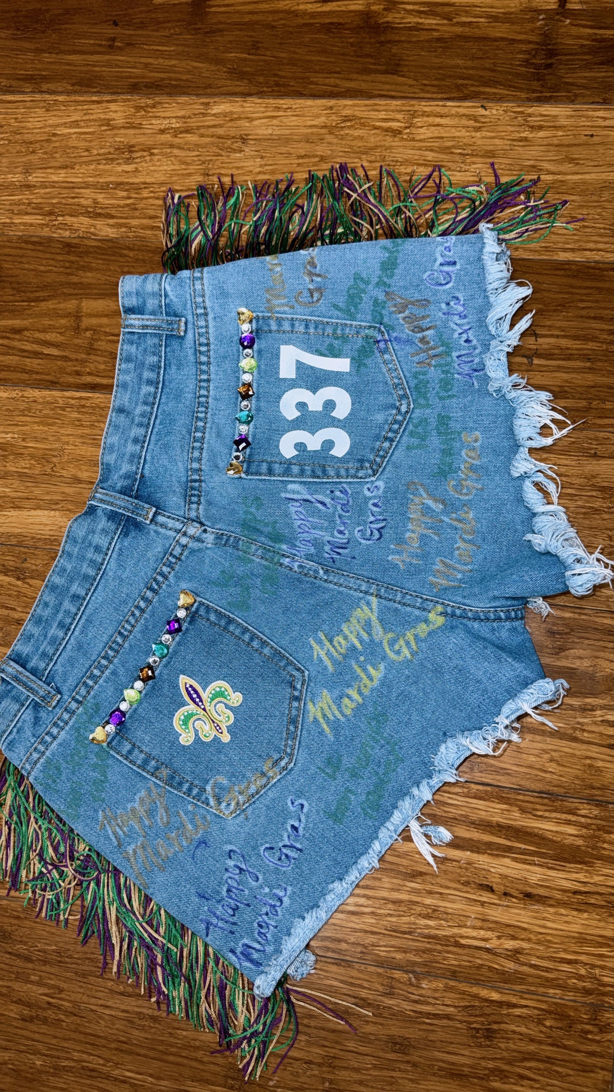 MARDI GRAS Custom "337 HAPPY MARDI GRAS" Denim Fringe Shorts