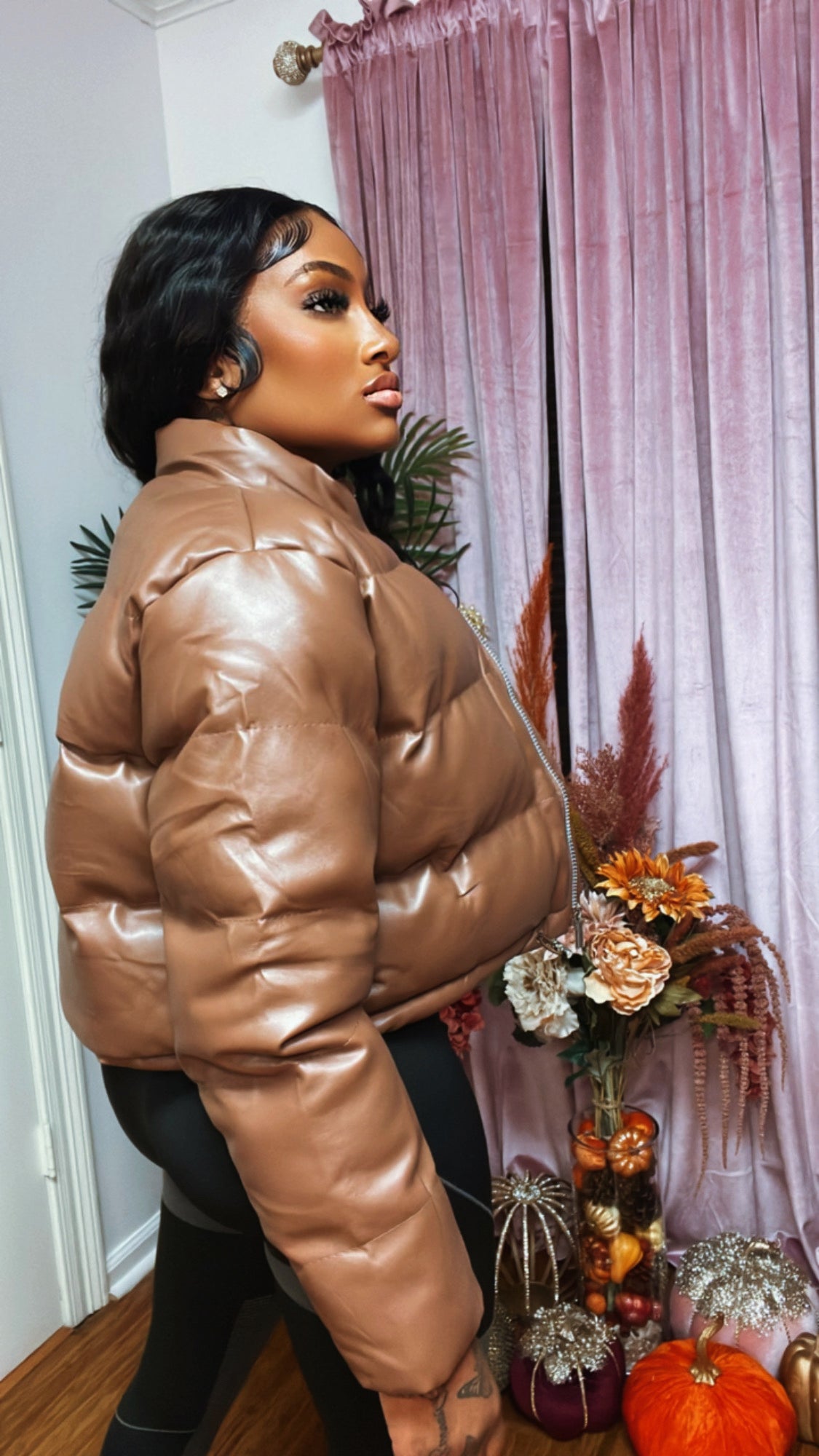 Women's Faux Leather Puffer Jacket Winter Long Sleeve Stand Collar Baggy Short Bubble Coat