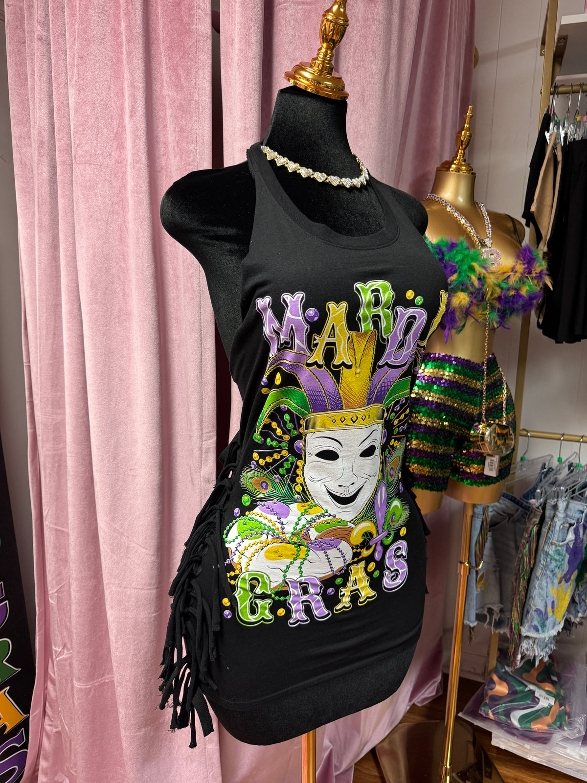 Custom Mardi Gras T-Shirt Dress with Fringe