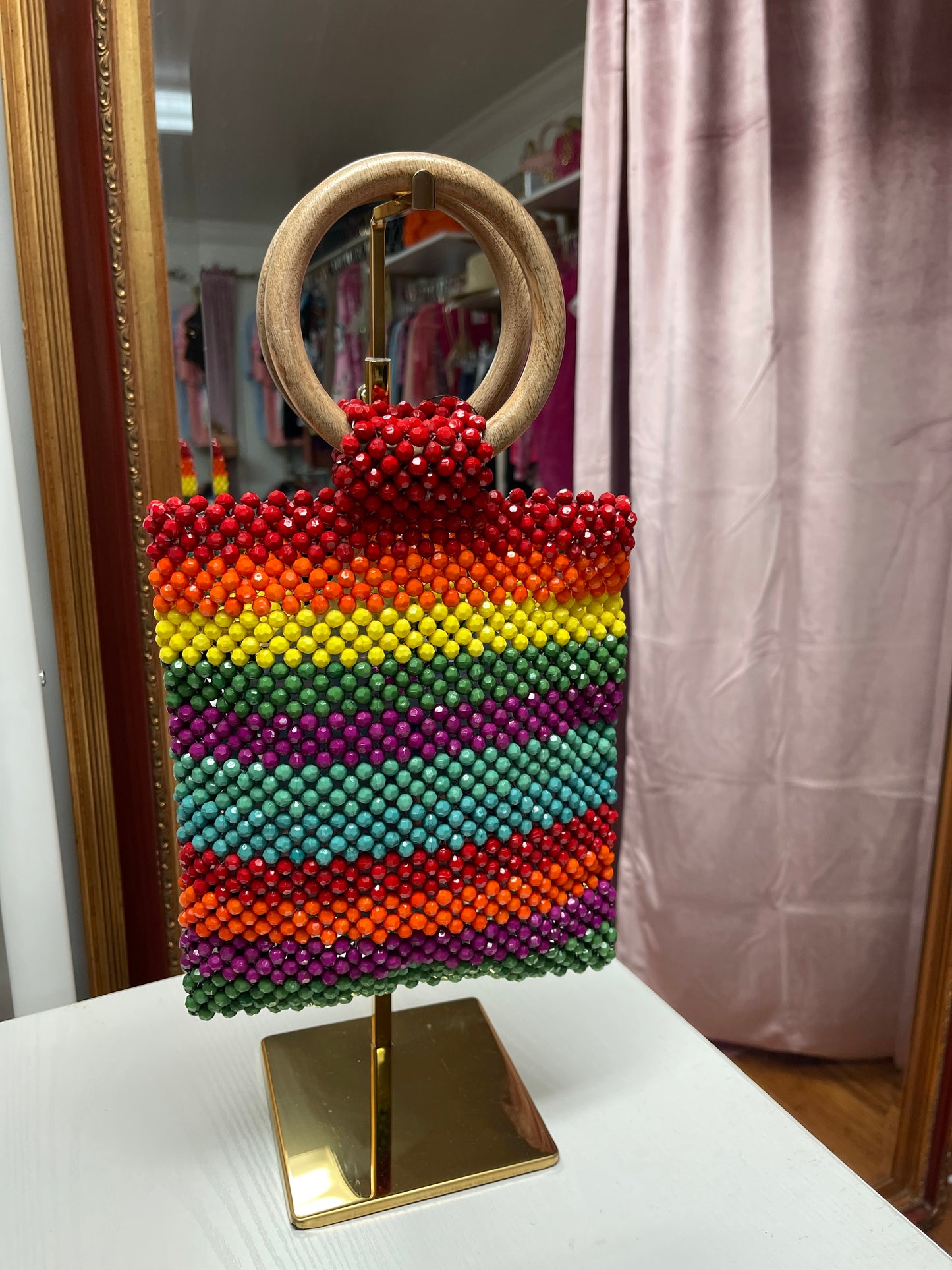 Multicolor Beaded Wooden Handle Handbag Reading Rainbow