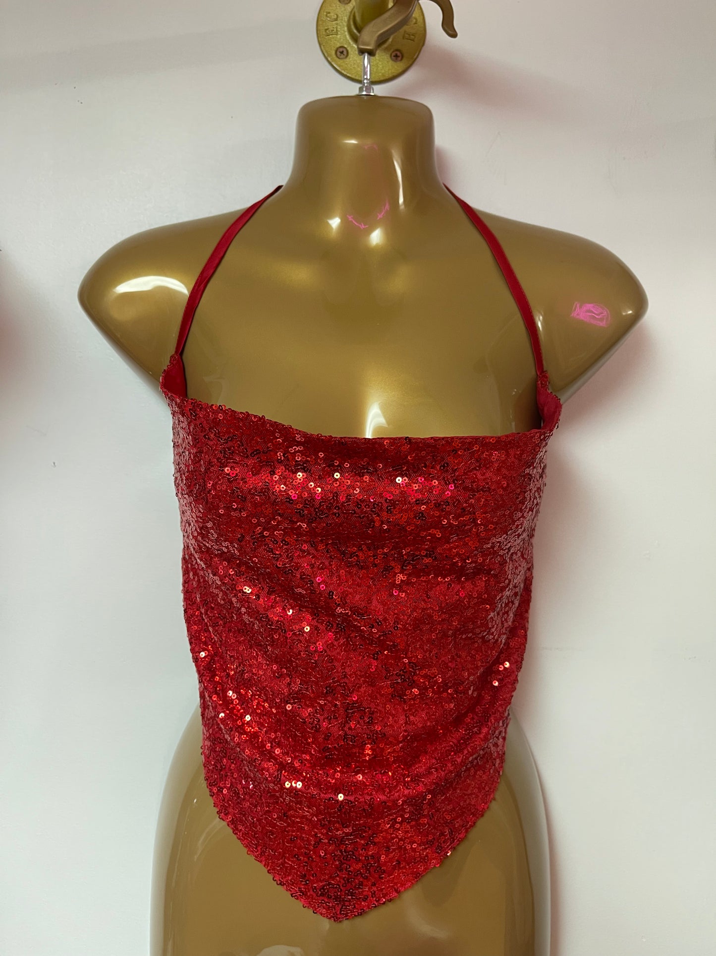 Women's Draped Front Backless Crop Sequin Halter Top RED