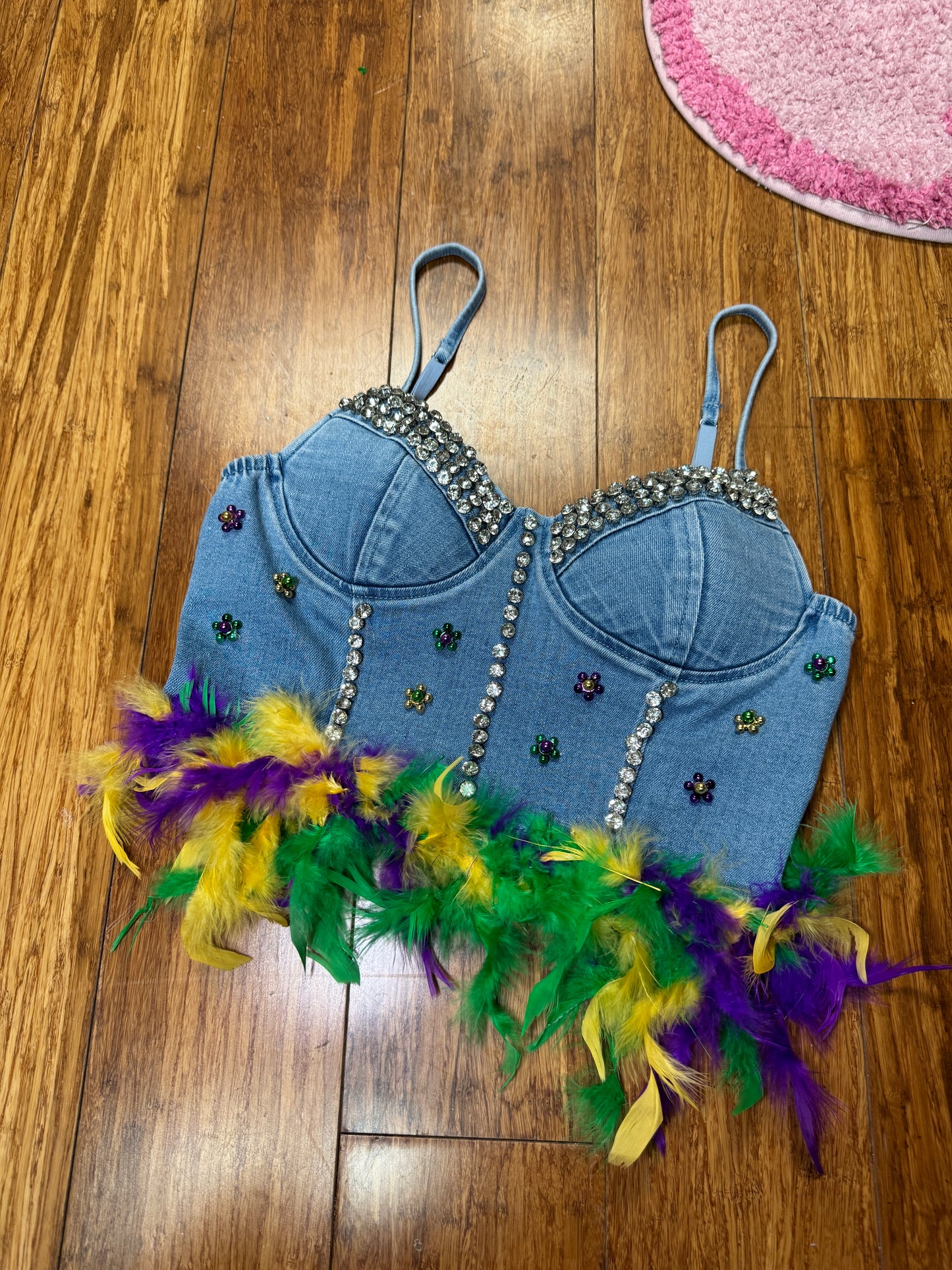 FLORAL ARRANGEMENTS MARDI GRAS DENIM CROP TOP