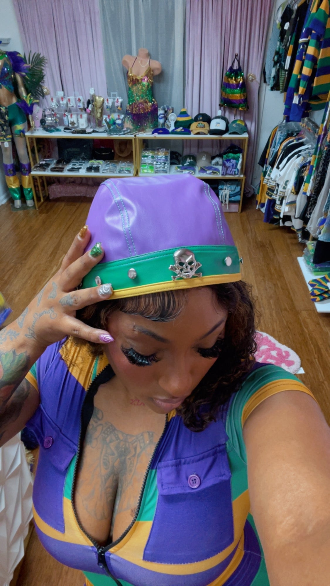 PU Leather Studded Skull Biker Cap
