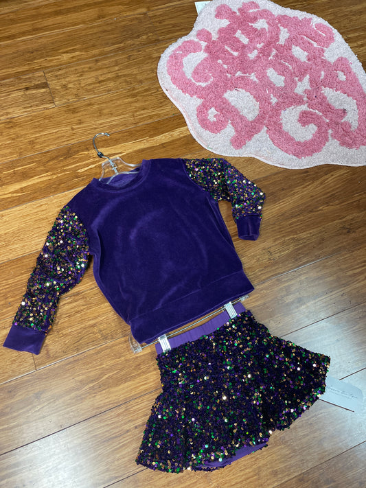 Mardi Gras Infant Toddler Long Sleeve Sequins Sweatshirt with Matching Skort Set