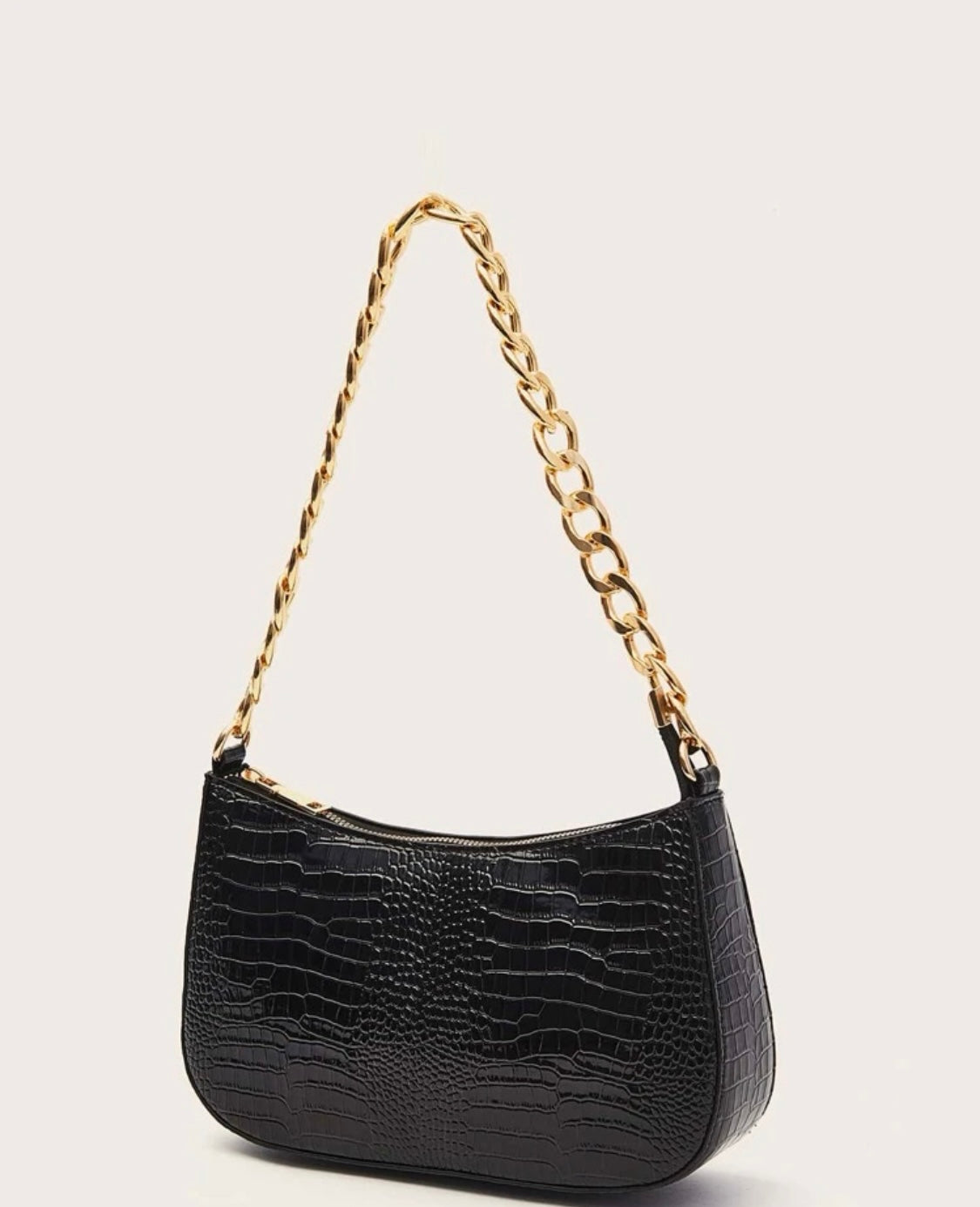 Croc Embossed Baguette Handbag Purse Gold Chain BLACK