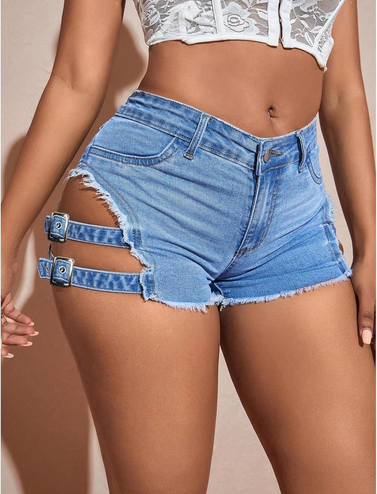 Women's Cut Out Shorts Raw Hem High Waist Buckle Detail Denim Mini Shorts