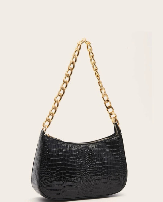 Croc Embossed Baguette Handbag Purse Gold Chain BLACK