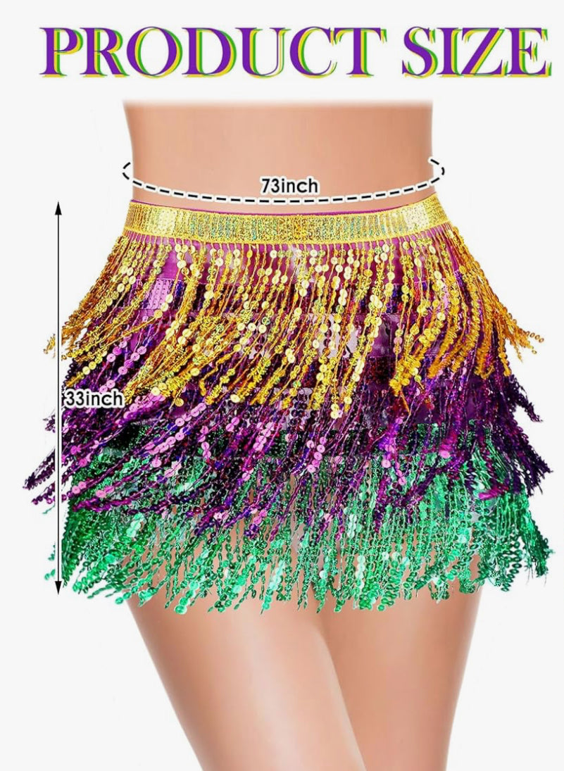 1pc Mardi Gras Sequins Wrap Skirt Outfits Belly Dance Hip Scarf Sequin Tassel Skirts