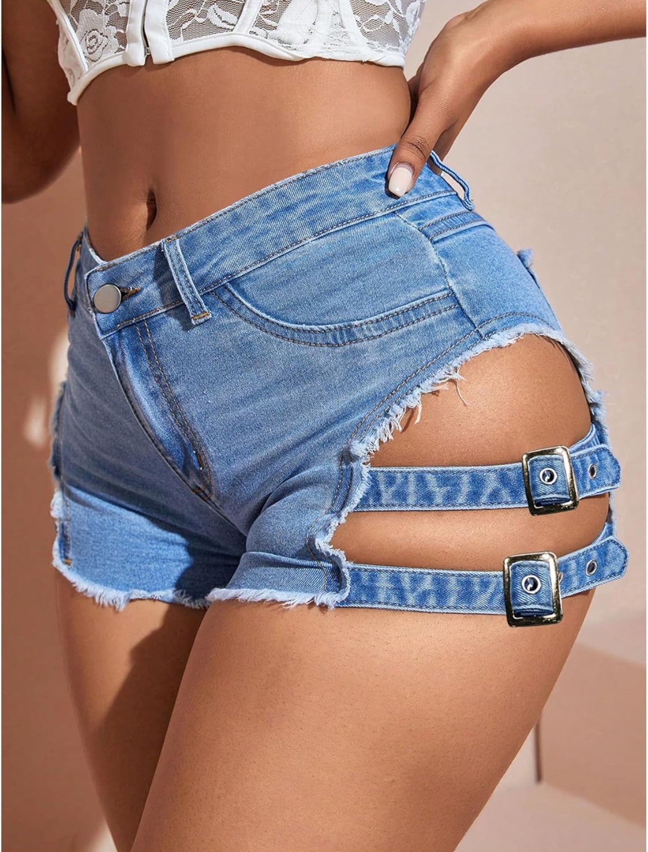 Women's Cut Out Shorts Raw Hem High Waist Buckle Detail Denim Mini Shorts