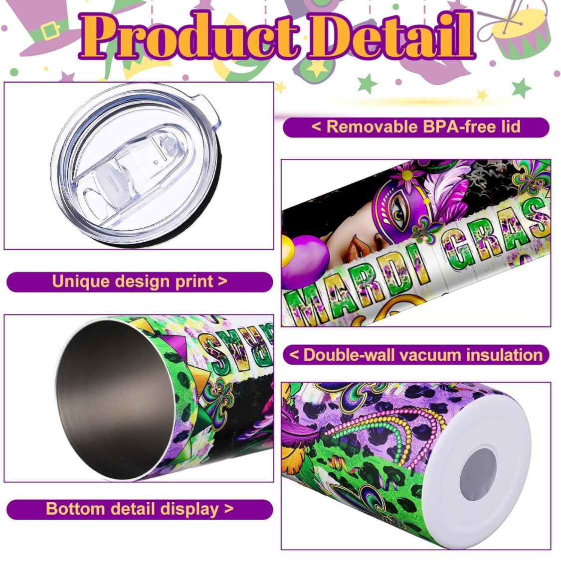 20oz Mardi Gras Print Tumbler Stainless Steel Cup