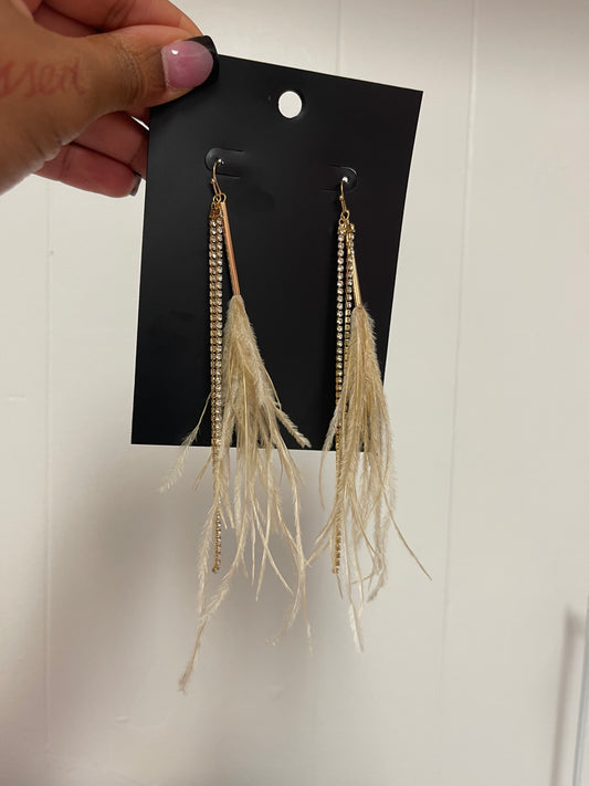 Women’s Beige Feather Rhinestone Dangle Earrings Jewelry