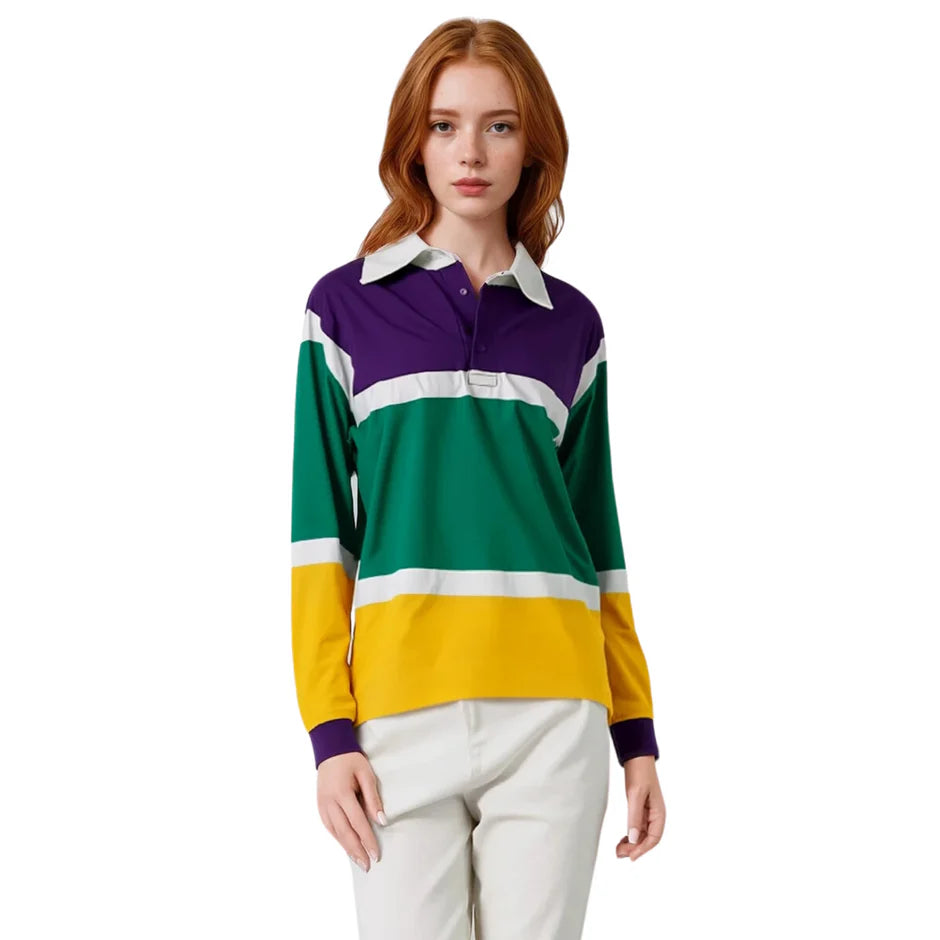 ADULT UNISEX MARDI GRAS POLO LONG SLEEVE 3 COLOR PANEL & WHITE TRIM