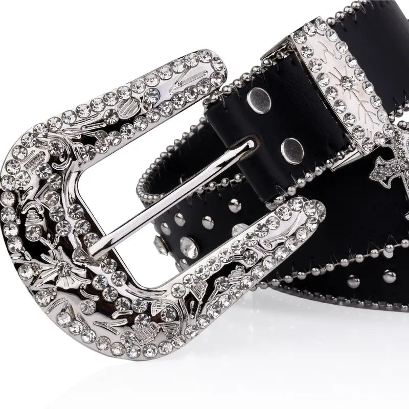 Black Cross Rivet Belt Engraved Buckle Rhinestone Decor PU Belt Punk Western Cowboy Cowgirl Belts