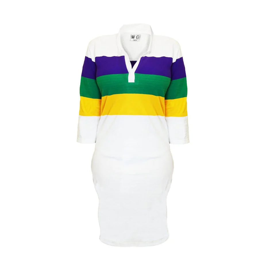 WOMEN'S MARDI GRAS STRIPED HALF-SLEEVE RUGBY POLO DRESS WHITE