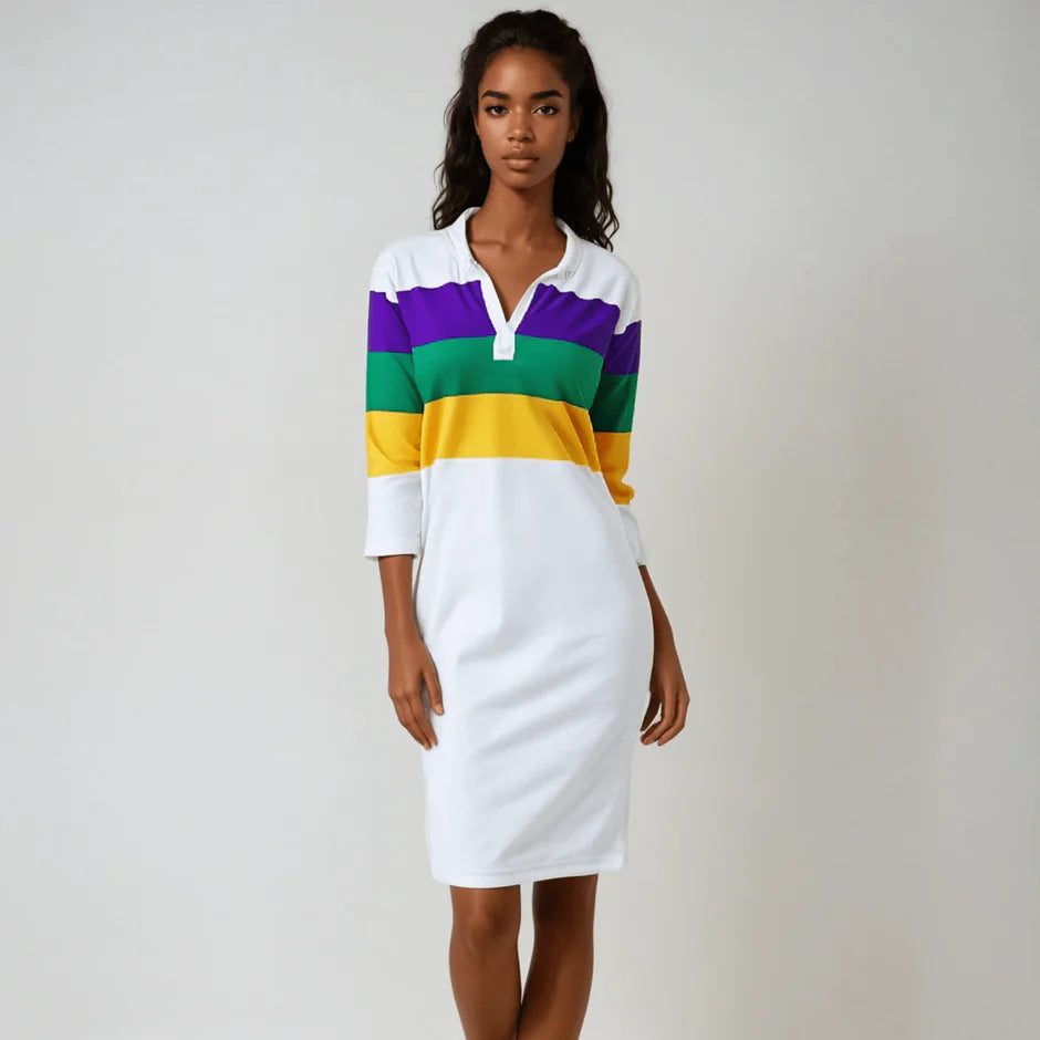 WOMEN'S MARDI GRAS STRIPED HALF-SLEEVE RUGBY POLO DRESS WHITE