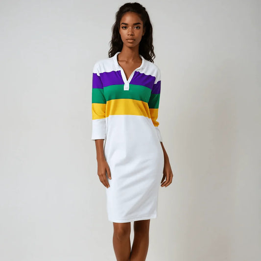 WOMEN'S MARDI GRAS STRIPED HALF-SLEEVE RUGBY POLO DRESS WHITE
