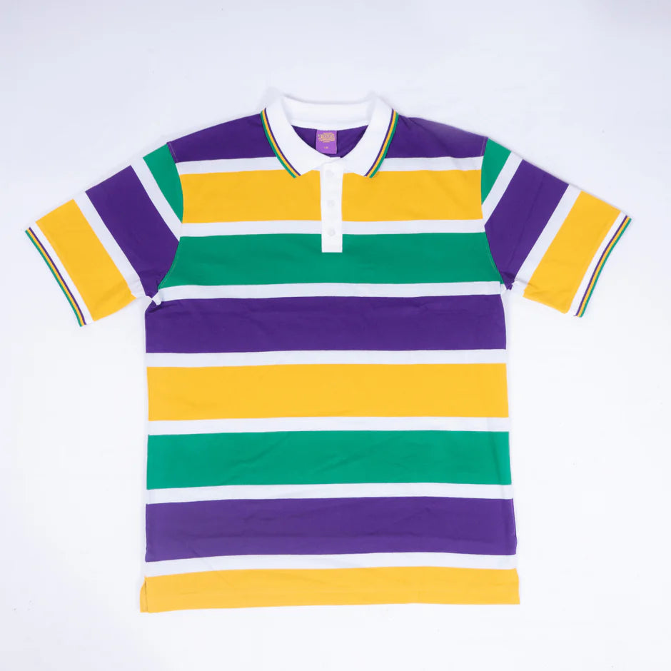ADULT MARDI GRAS STRIPED PANEL SHORT SLEEVE POLO T-SHIRT-BOLD STRIPE