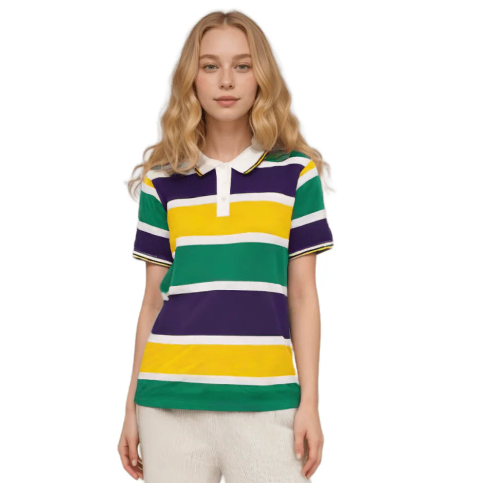 ADULT MARDI GRAS STRIPED PANEL SHORT SLEEVE POLO T-SHIRT-BOLD STRIPE