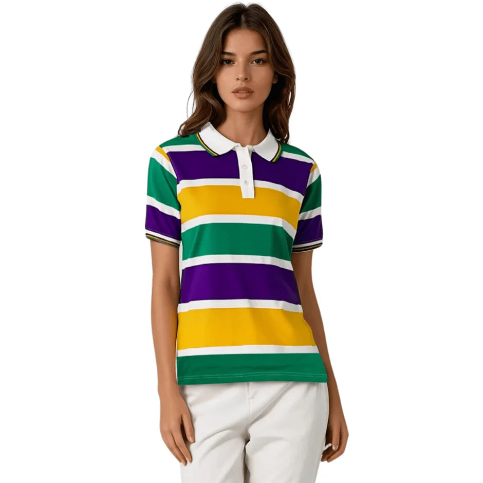 ADULT MARDI GRAS STRIPED PANEL SHORT SLEEVE POLO T-SHIRT-BOLD STRIPE