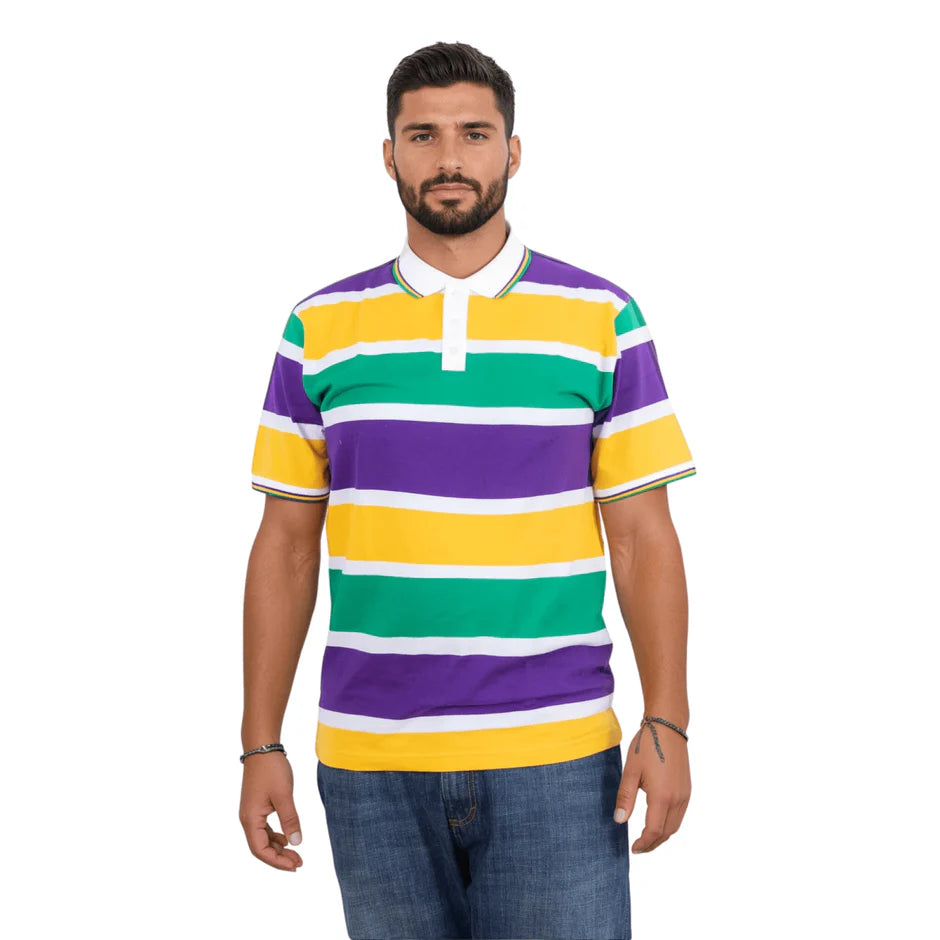 ADULT MARDI GRAS STRIPED PANEL SHORT SLEEVE POLO T-SHIRT-BOLD STRIPE