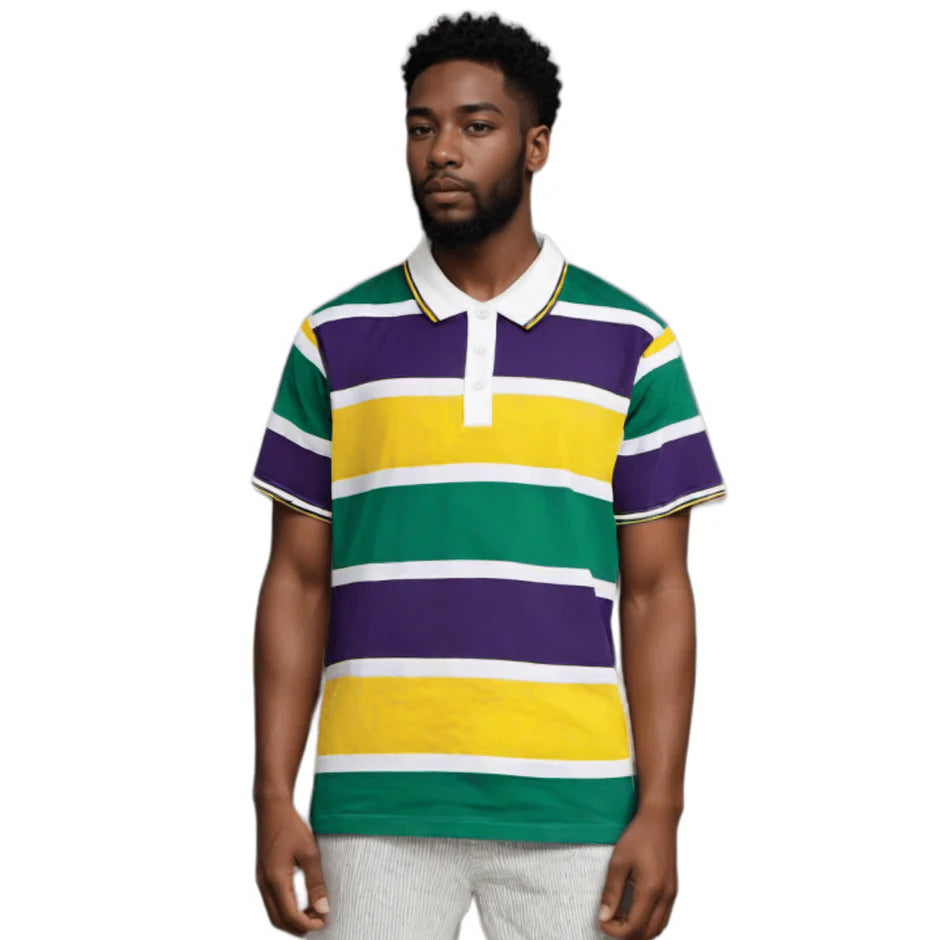 ADULT MARDI GRAS STRIPED PANEL SHORT SLEEVE POLO T-SHIRT-BOLD STRIPE