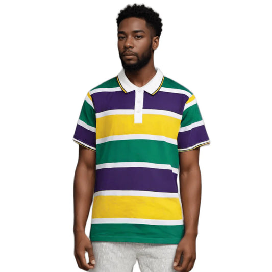 ADULT MARDI GRAS STRIPED PANEL SHORT SLEEVE POLO T-SHIRT-BOLD STRIPE