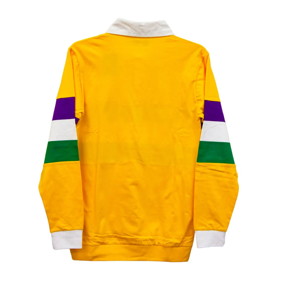 ADULT UNISEX MARDI GRAS STRIPED 3 PANEL LONG SLEEVE POLO SHIRT-YELLOW