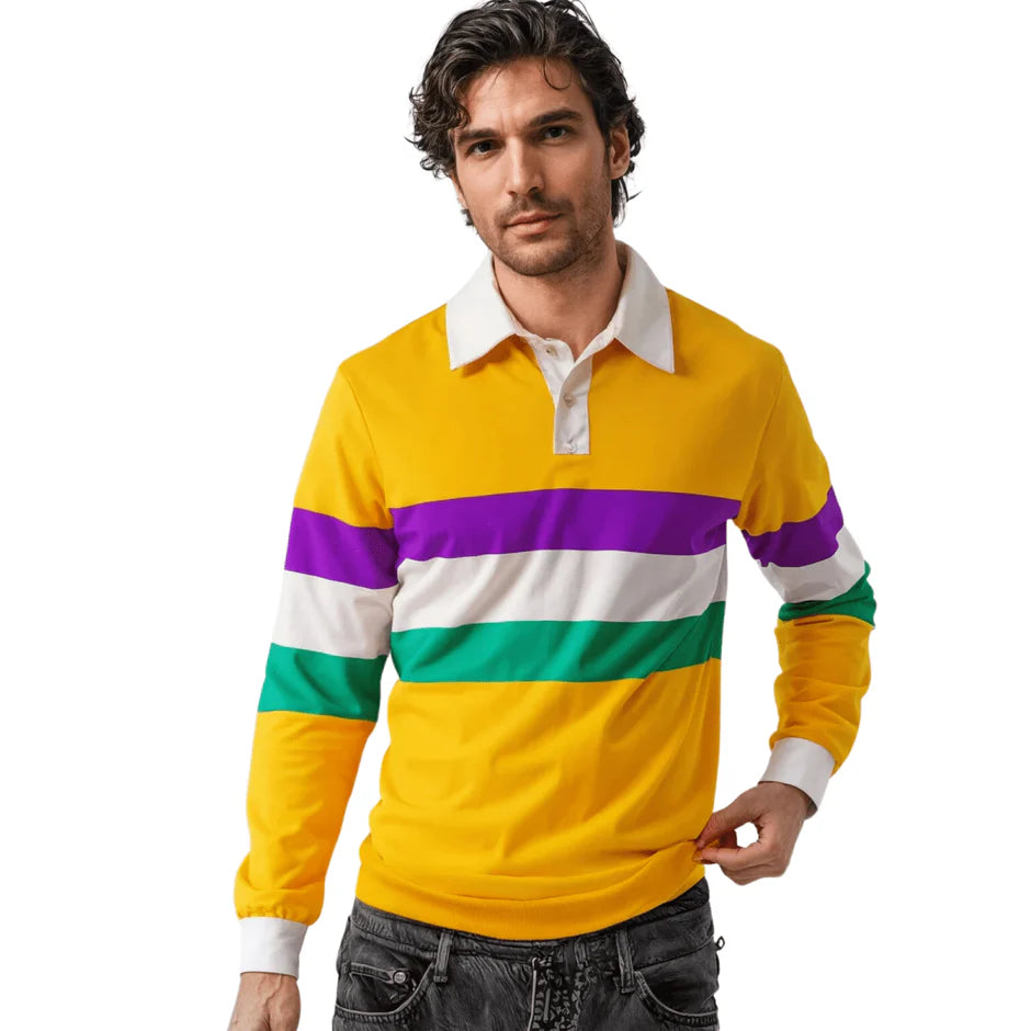 ADULT UNISEX MARDI GRAS STRIPED 3 PANEL LONG SLEEVE POLO SHIRT-YELLOW