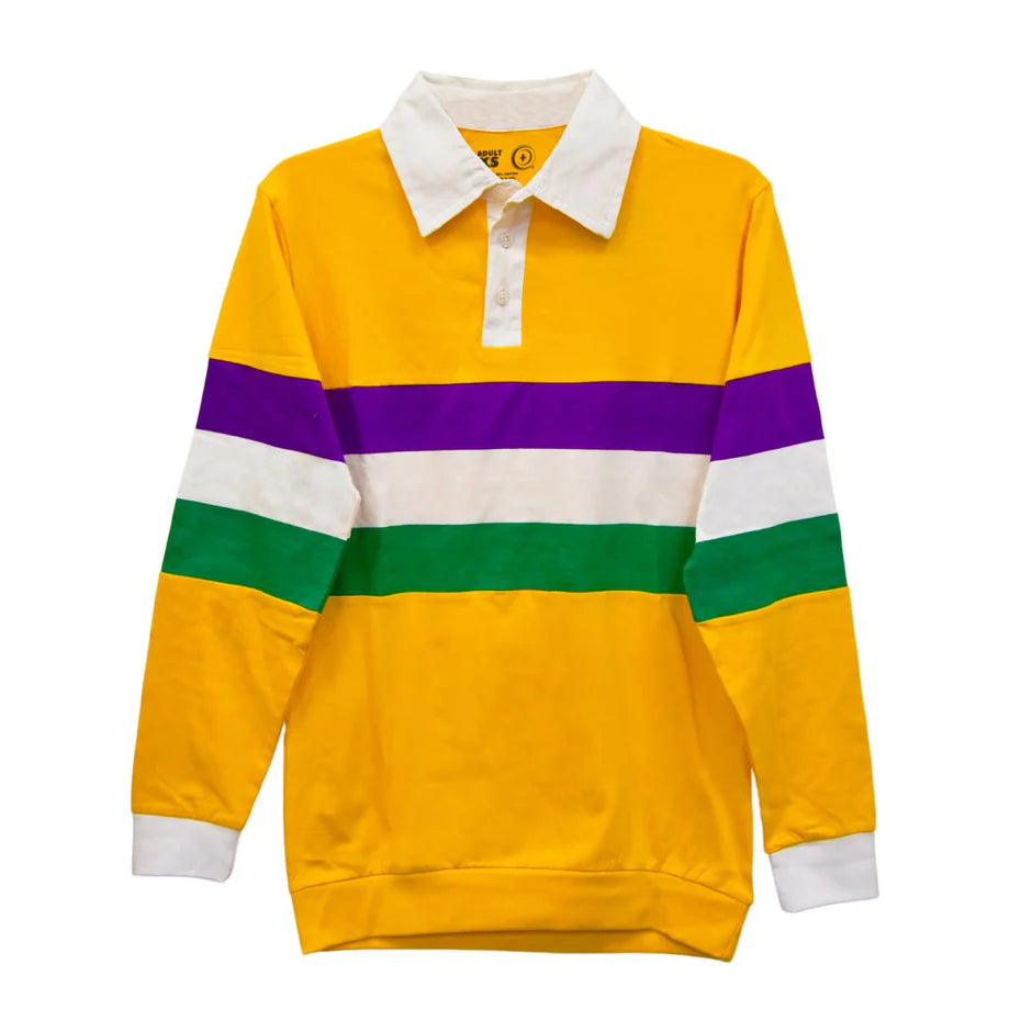 ADULT UNISEX MARDI GRAS STRIPED 3 PANEL LONG SLEEVE POLO SHIRT-YELLOW