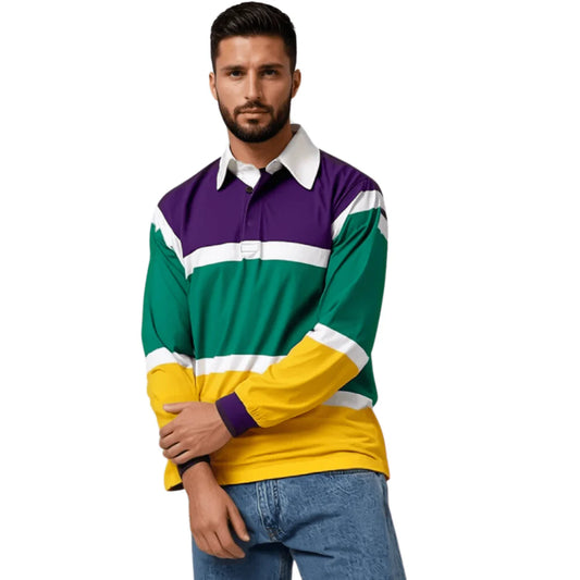 ADULT UNISEX MARDI GRAS POLO LONG SLEEVE 3 COLOR PANEL & WHITE TRIM